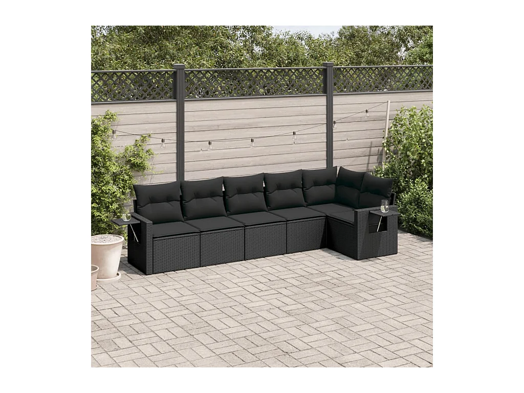 6-delige Loungeset met kussens poly rattan zwart