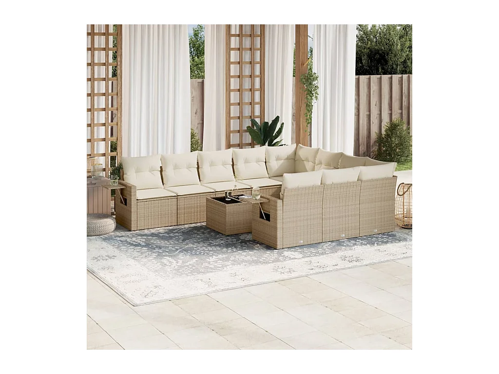 Salon de jardin 11 pièces avec coussins beige résine tressée