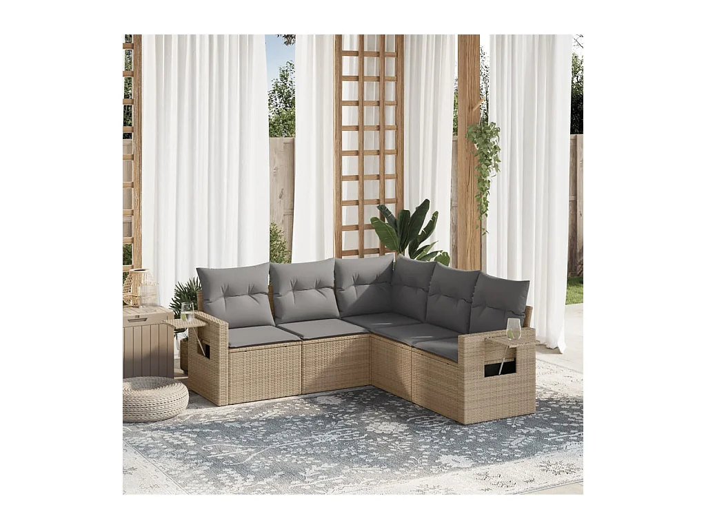 5 peças conjunto de sofás p/ jardim com almofadões vime PE bege