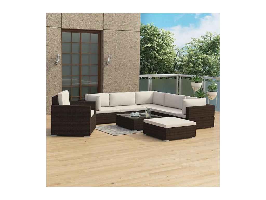 8-delige Loungeset met kussens poly rattan bruin