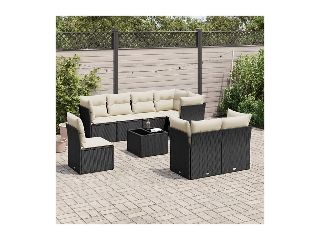 Salon de jardin 9 pièces avec coussins noir résine tressée