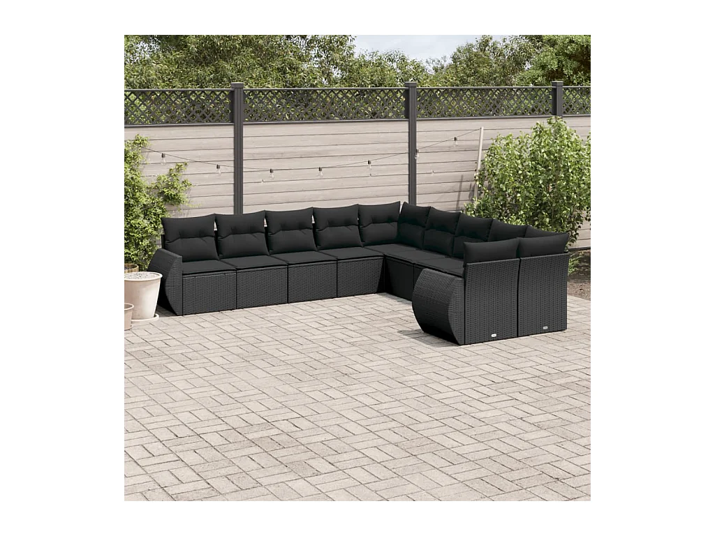 Salon de jardin 10 pièces avec coussins noir résine tressée