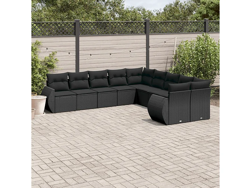 10-delige Loungeset met kussens poly rattan zwart