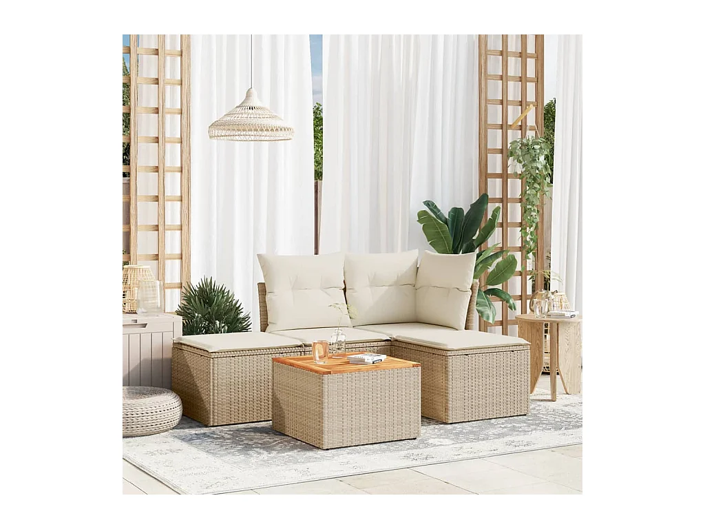 Salon de jardin avec coussins 5 pièces beige résine tressée