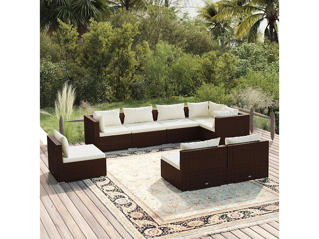 8-delige Loungeset met kussens poly rattan bruin