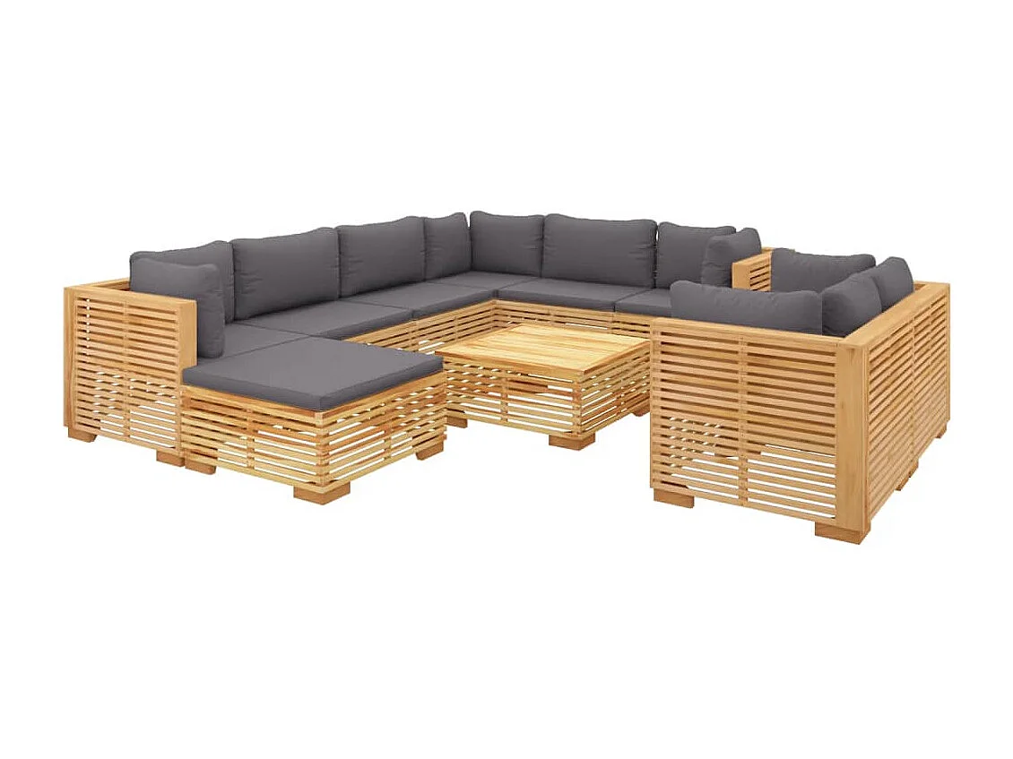 Salon de jardin 10 pièces avec coussins Bois de teck solide