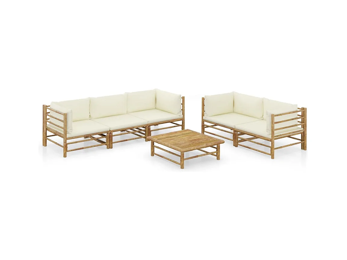 Set de muebles de jardín 6 piezas bambú y cojines blanco crema