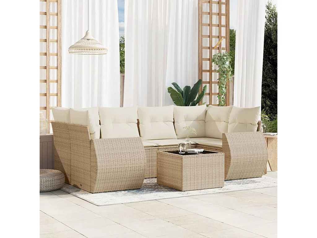 Salon de jardin avec coussins 7 pièces beige résine tressée