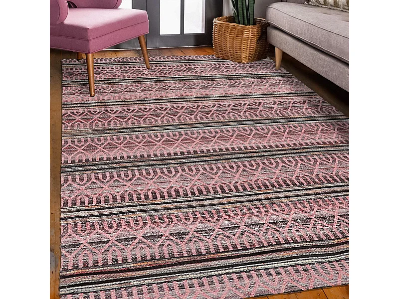 tapis chambre 80x150 fait à la main rose rectangle motif ethnique VORELA