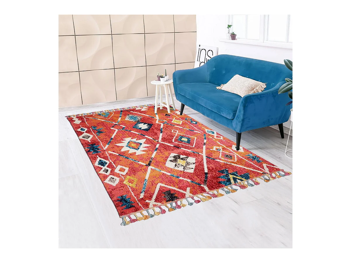 Tapis berbère 160x230 tissé motifs tribaux LYN5 OURIKA bleu et jaune