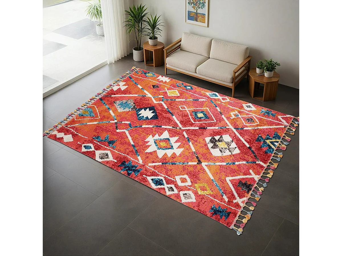 Tapis berbère 160x230 tissé motifs tribaux LYN5 OURIKA B bleu et jaune