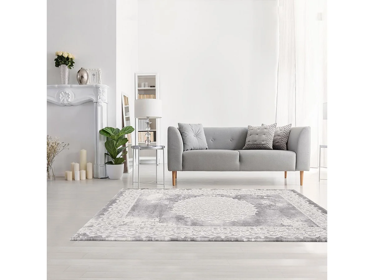 Tapis oriental 120x160 rectangle gris clair tissé motif ancestral LYN7 BALROD