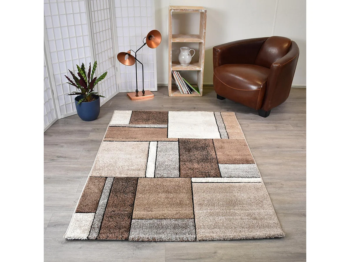 tapis salon 200x200 tissé beige carré motif géométrique LYN8 GEOME