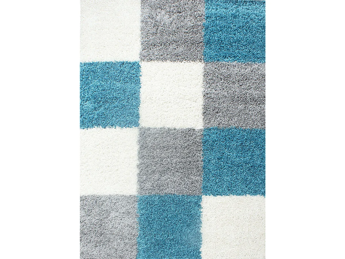 Tapis poils longs shaggy 80x150 rectangle tissé bleu ciel et gris motif damier