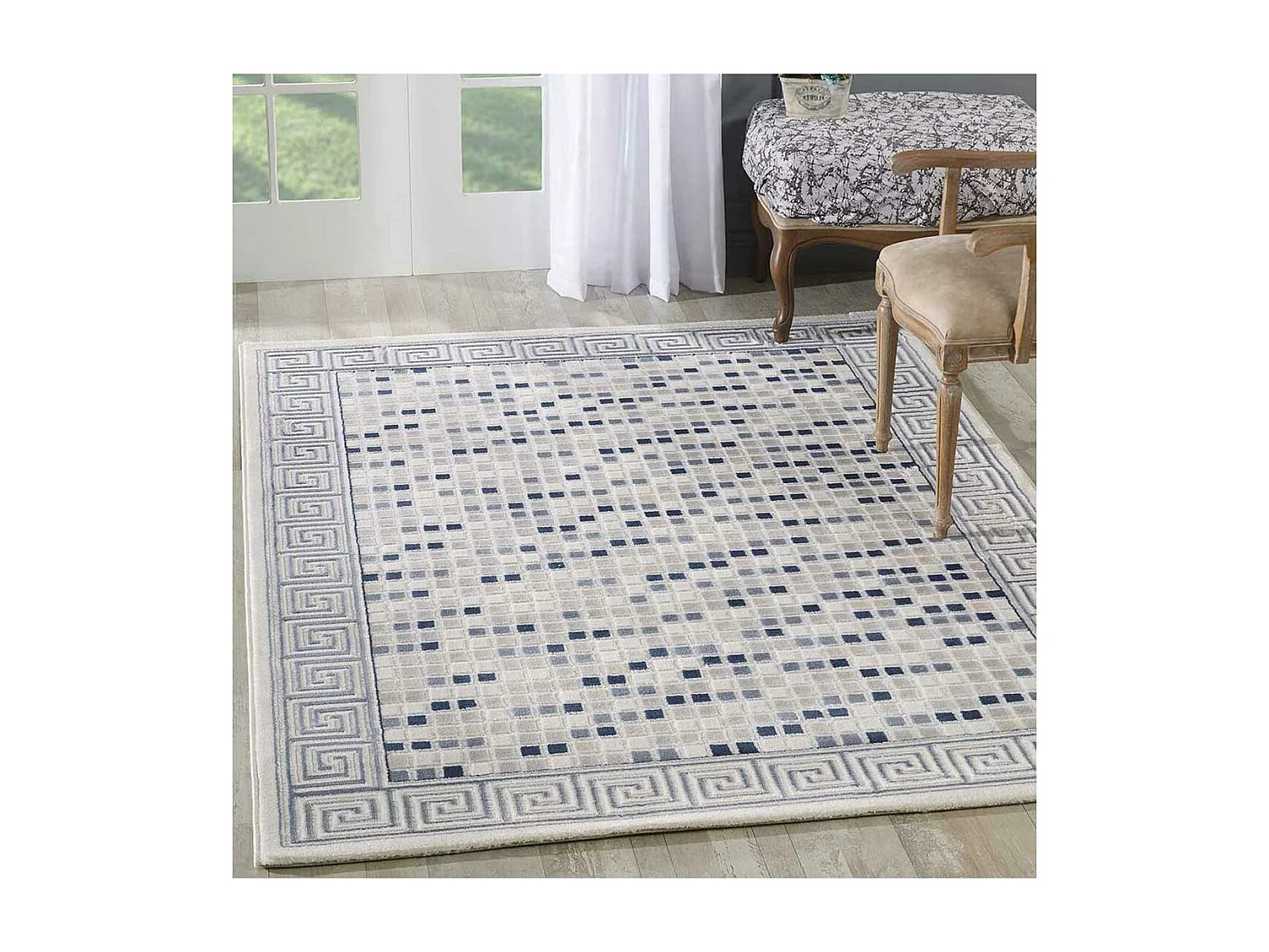 tapis salon 120x160 tissé bleu rectangle motif géométrique LYN7 BERIM