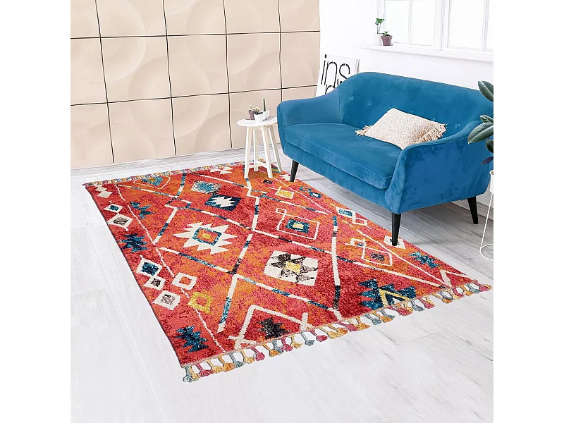 Tapis berbère 80x150 tissé motifs tribaux LYN5 OURIKA bleu et jaune