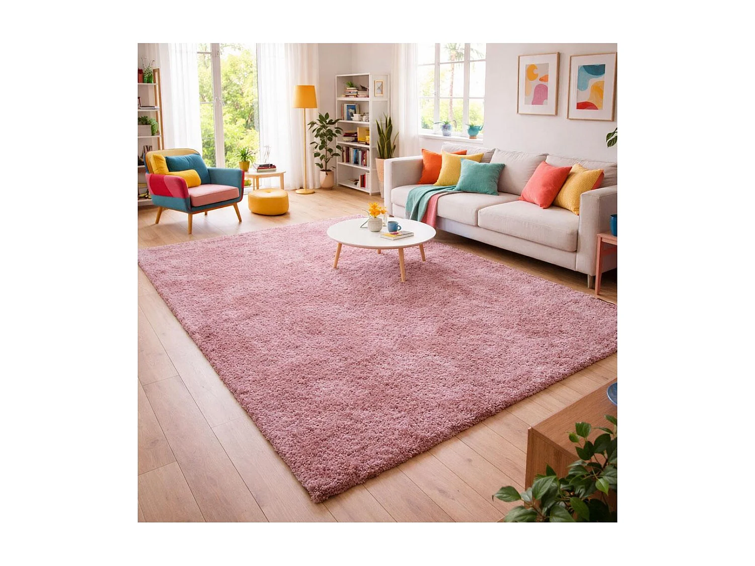 Tapis poils longs shaggy 60x110 rectangle tissé rose motif uni UNI L