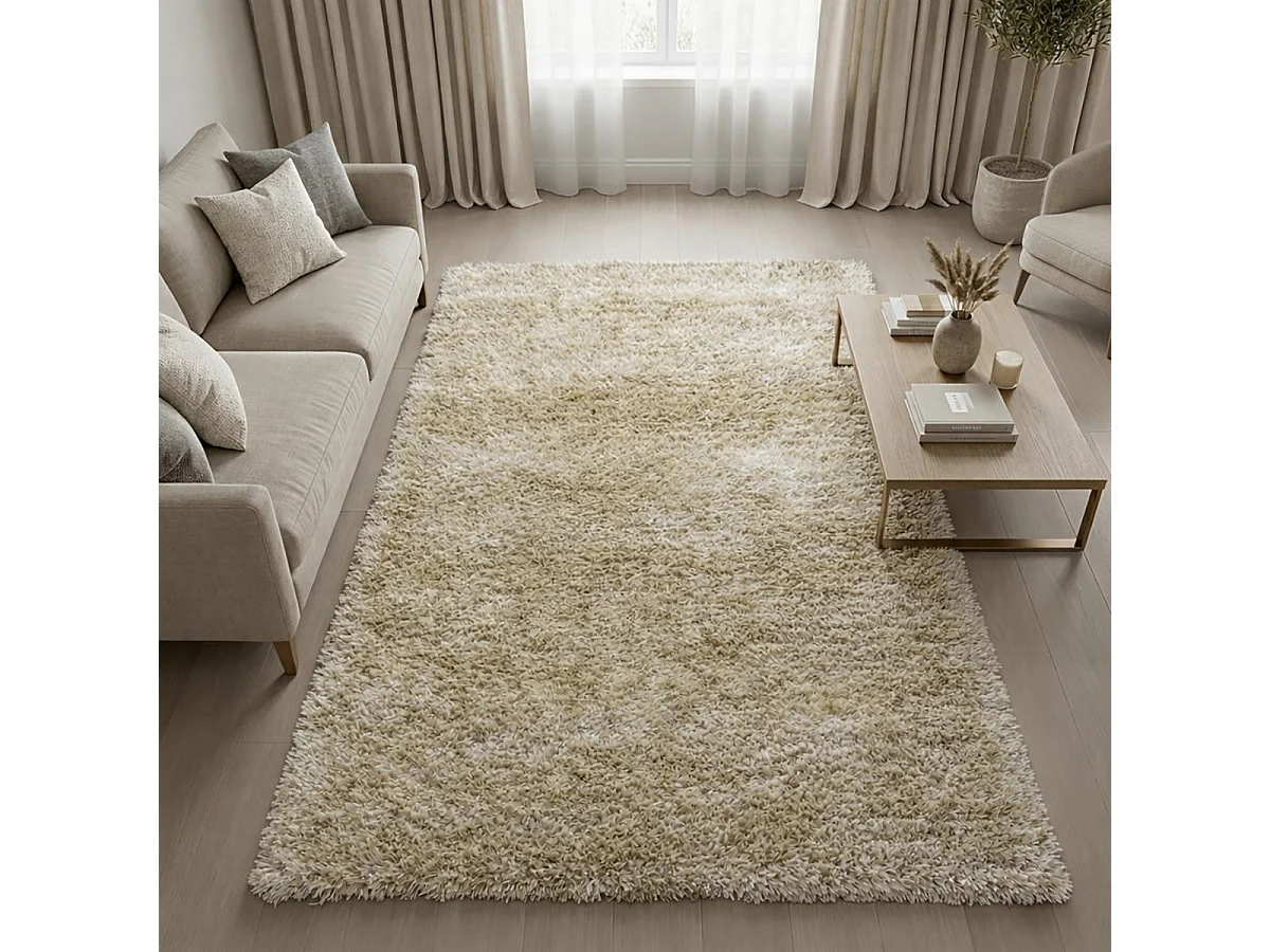 Tapis shaggy 60x110 rectangle fait main crème motif uni  MALAIDROY