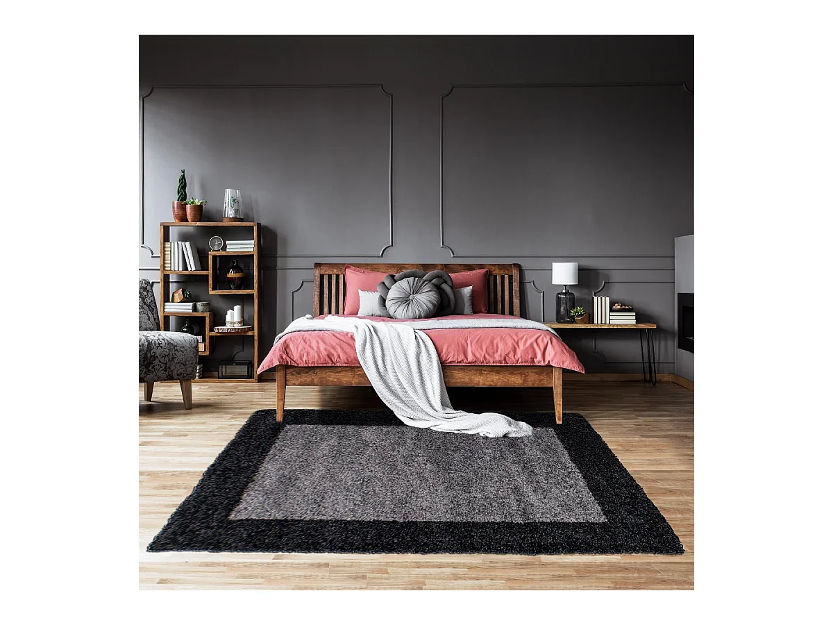 Tapis poils longs shaggy Ø200cm rond tissé gris et anthracite motif simple