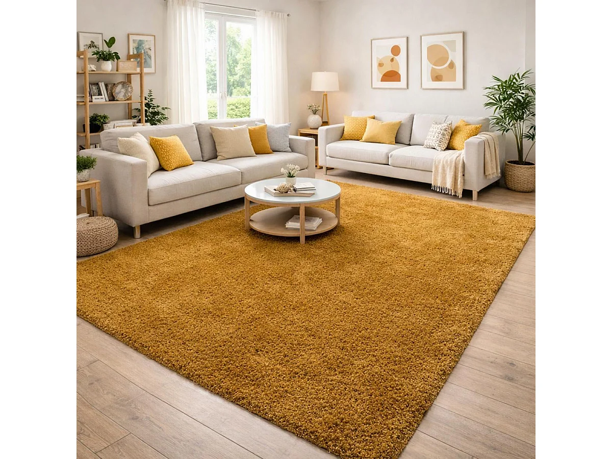Tapis poils longs shaggy 80x250 rectangle tissé or motif uni UNI I