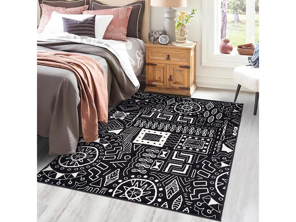 tapis chambre 60x110 tissé noir rectangle motif ethnique LYN1 MOTIF
