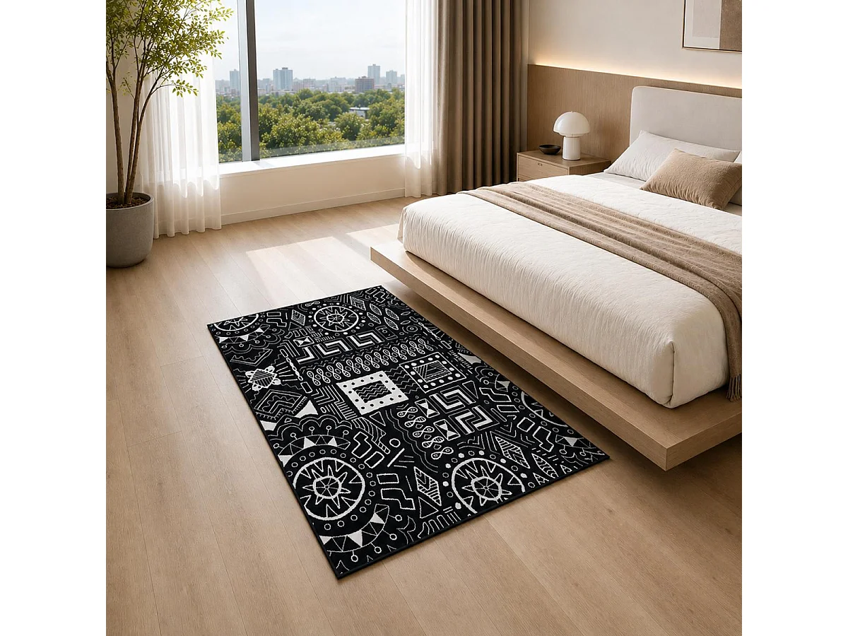 Alfombra de dormitorio 60x110 cm, tejida, rectangular, negra, con estampado étnico LYN1