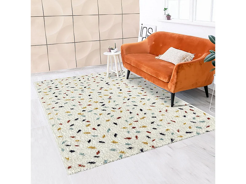 Tapis longs poils shaggy 80x140 rectangle tissé blanc et bleu motif berbère