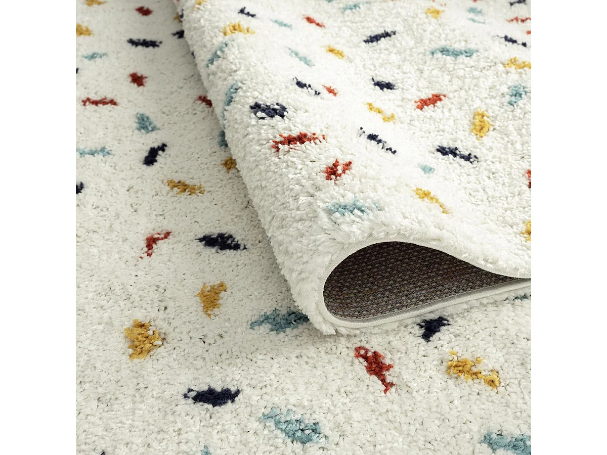 Tapis longs poils shaggy 80x140 rectangle tissé blanc et bleu motif berbère