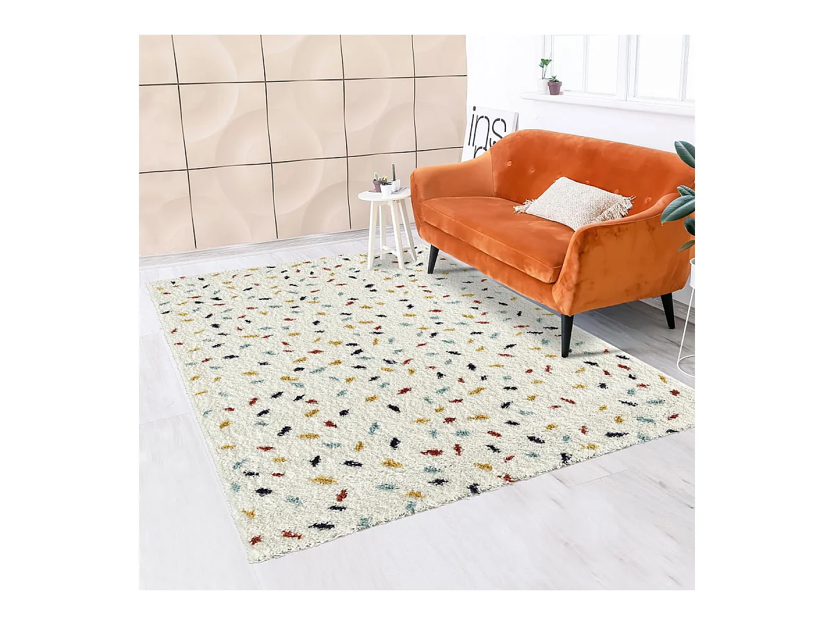 Tapis longs poils shaggy 80x140 rectangle tissé blanc et bleu motif berbère
