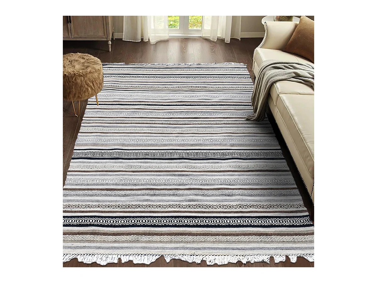 Tapis kilim 200x290 rectangle fait à la main en laine beige et marron