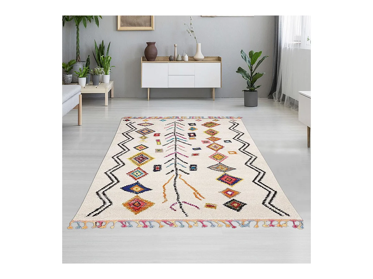 Tapis berbère 200x290 tissé motif ethnic LYN5 OURIKA ivoire