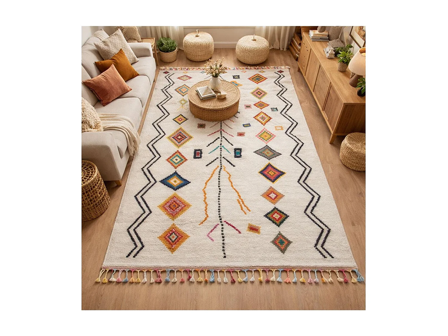 Tapis berbère 200x290 tissé motif ethnic LYN5 OURIKA E ivoire