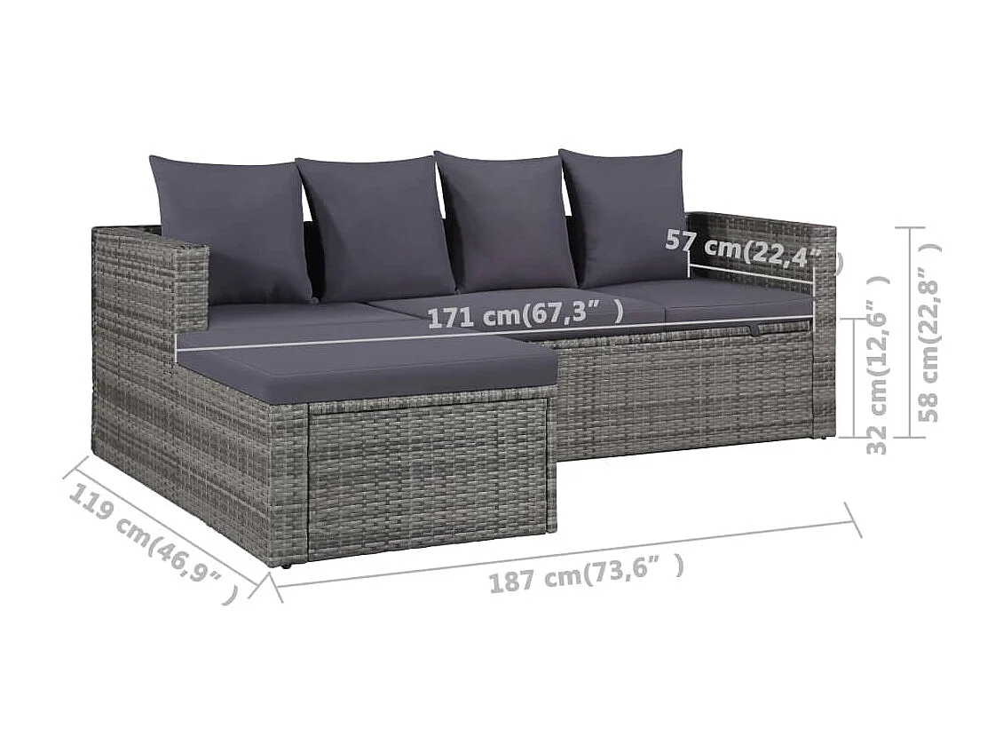 Salon de jardin 4 pièces avec coussins Résine tressée Gris