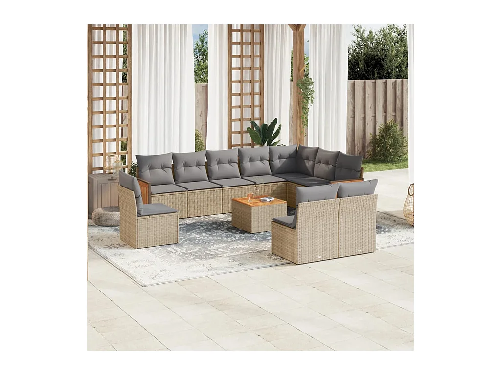 Salon de jardin 11 pièces avec coussins beige résine tressée