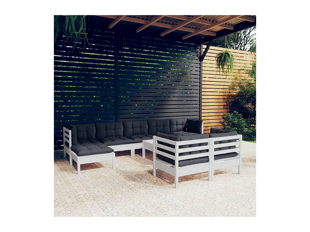 Salon de jardin 10 pièces avec coussins blanc bois de pin solide