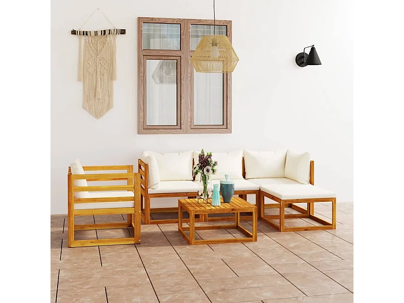 6 peças conjunto lounge jardim c/ almofadões acácia maciça creme