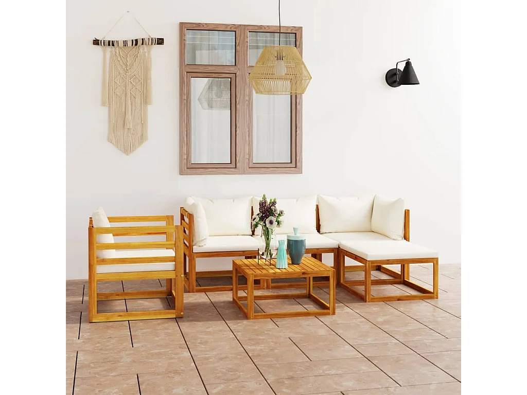 Salon de jardin 6 pièces avec coussin Crème Bois d'acacia solide