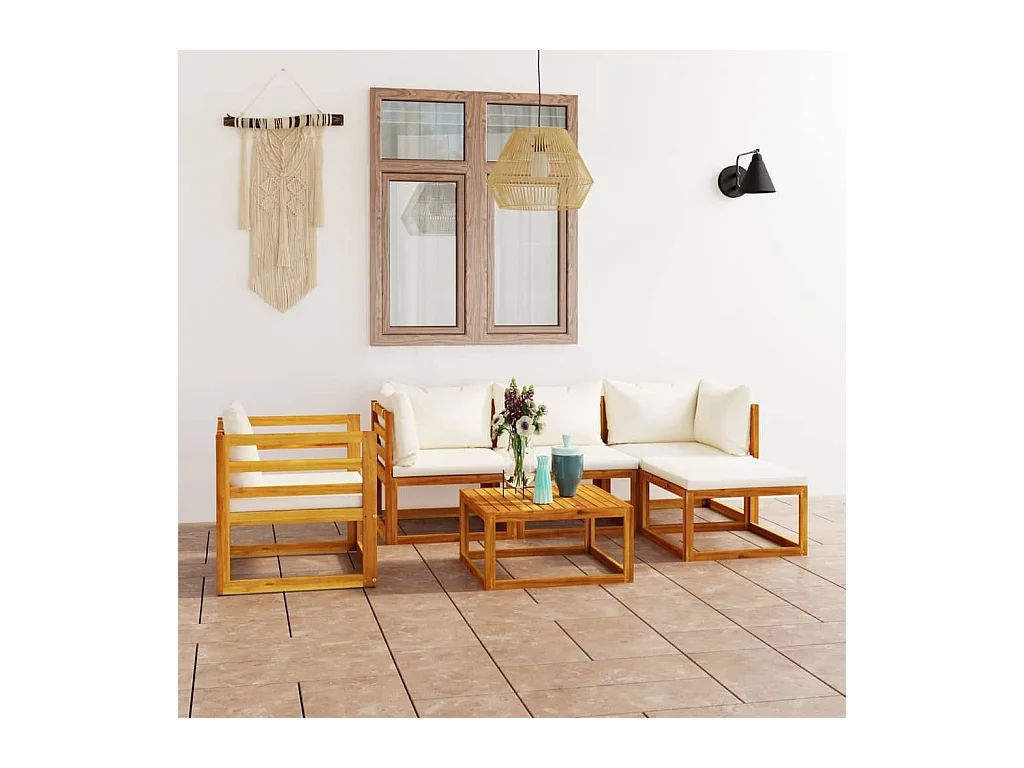 Salon de jardin 6 pièces avec coussin Crème Bois d'acacia solide