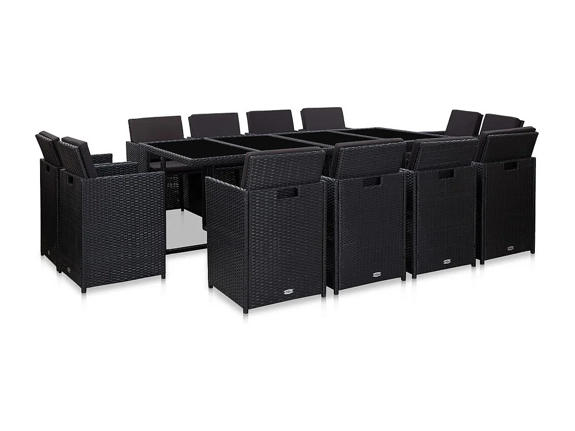 Set comedor de jardín 13 piezas y cojines ratán sintético negro