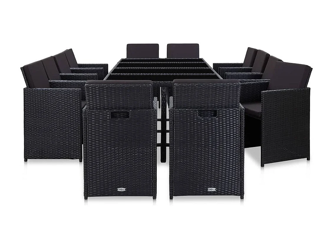 Set comedor de jardín 13 piezas y cojines ratán sintético negro