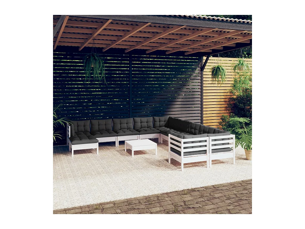 Muebles de jardín 12 piezas con cojines blanco madera de pino