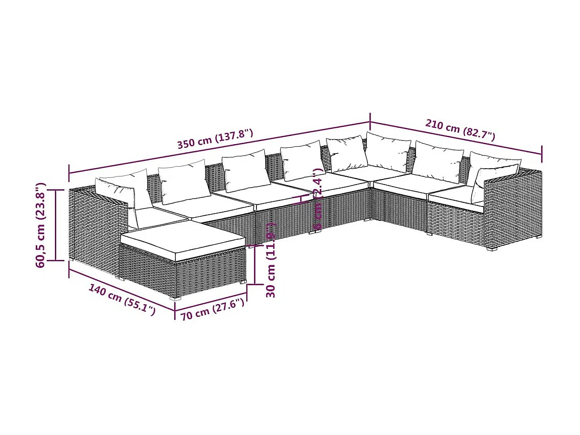 8-delige Loungeset met kussens poly rattan bruin