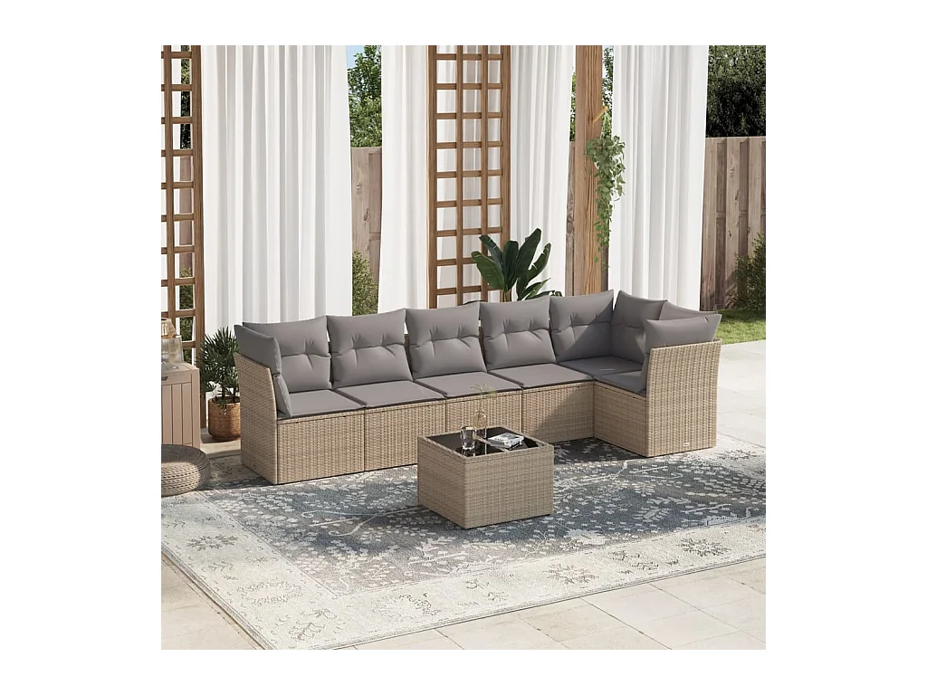 Salon de jardin avec coussins 7 pièces beige résine tressée