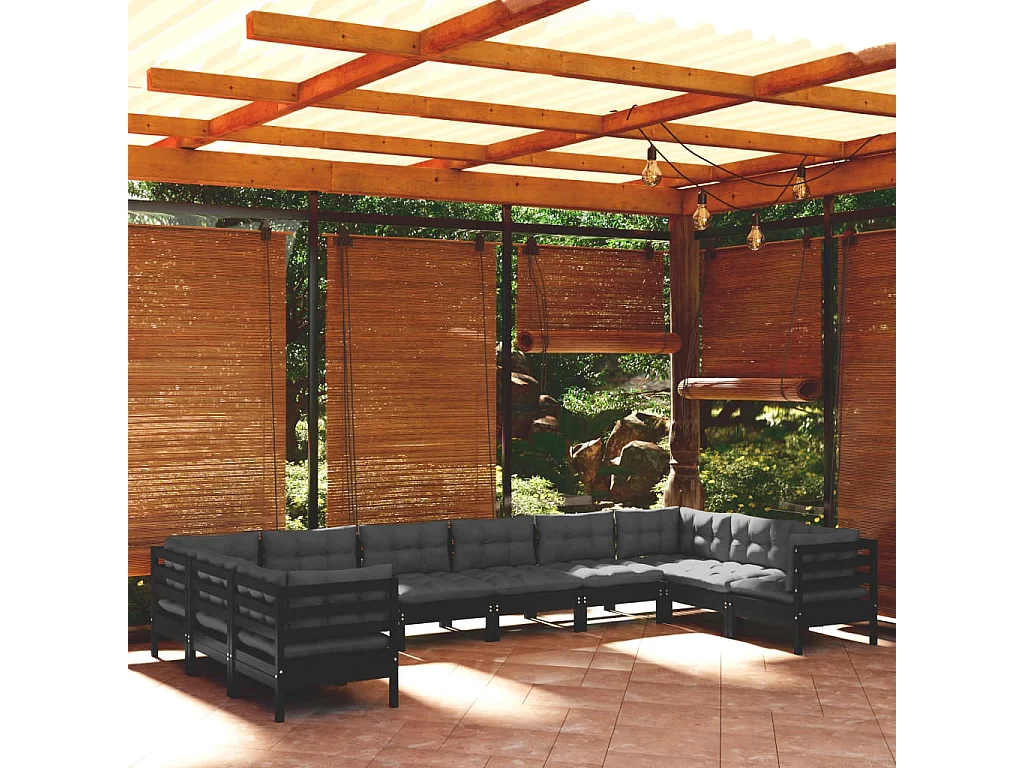Salon de jardin 10 pièces avec coussins Noir Bois de pin