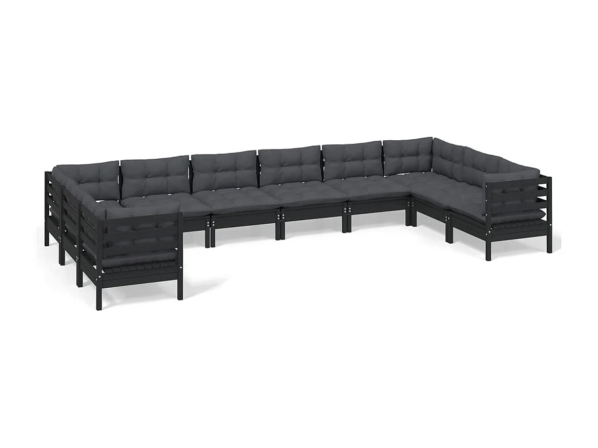 Salon de jardin 10 pièces avec coussins Noir Bois de pin