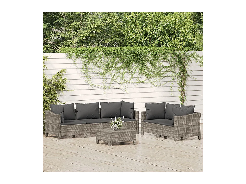 Salon de jardin 6 pièces avec coussins Gris Résine tressée