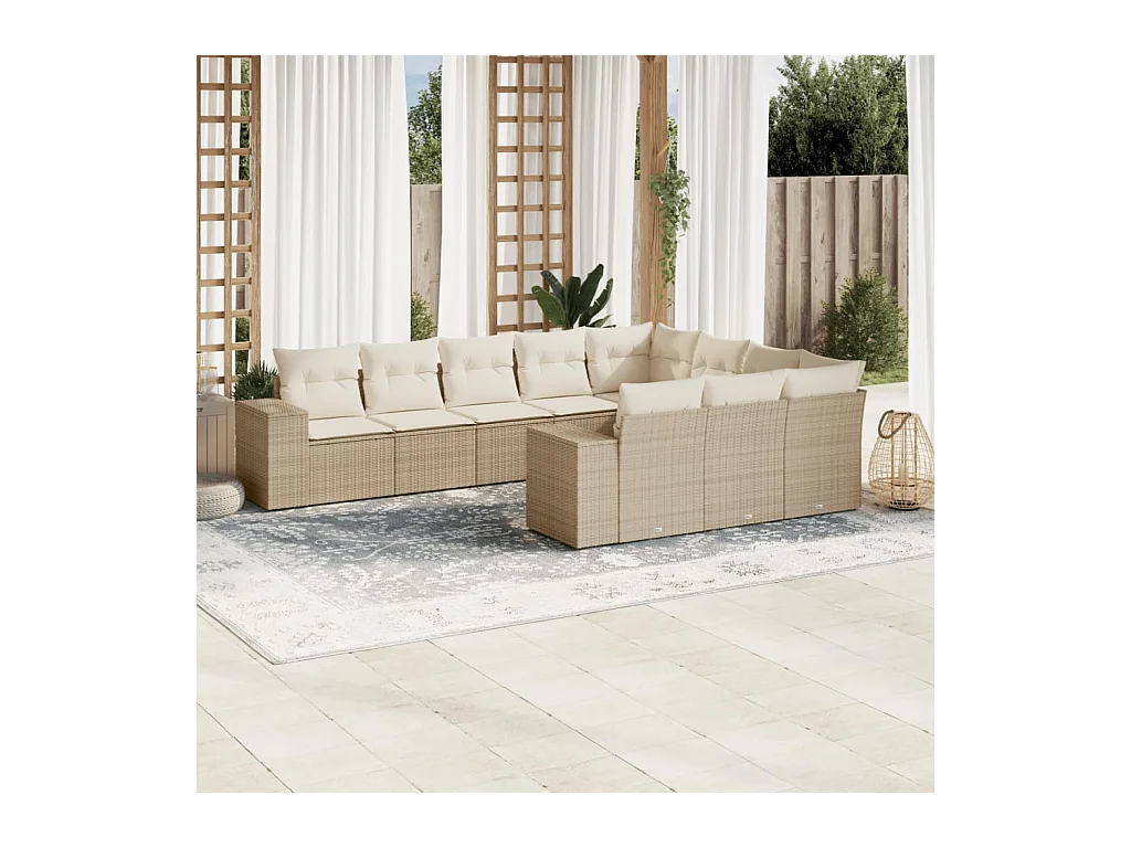 10 peças conjunto de sofás p/ jardim com almofadões vime PE bege