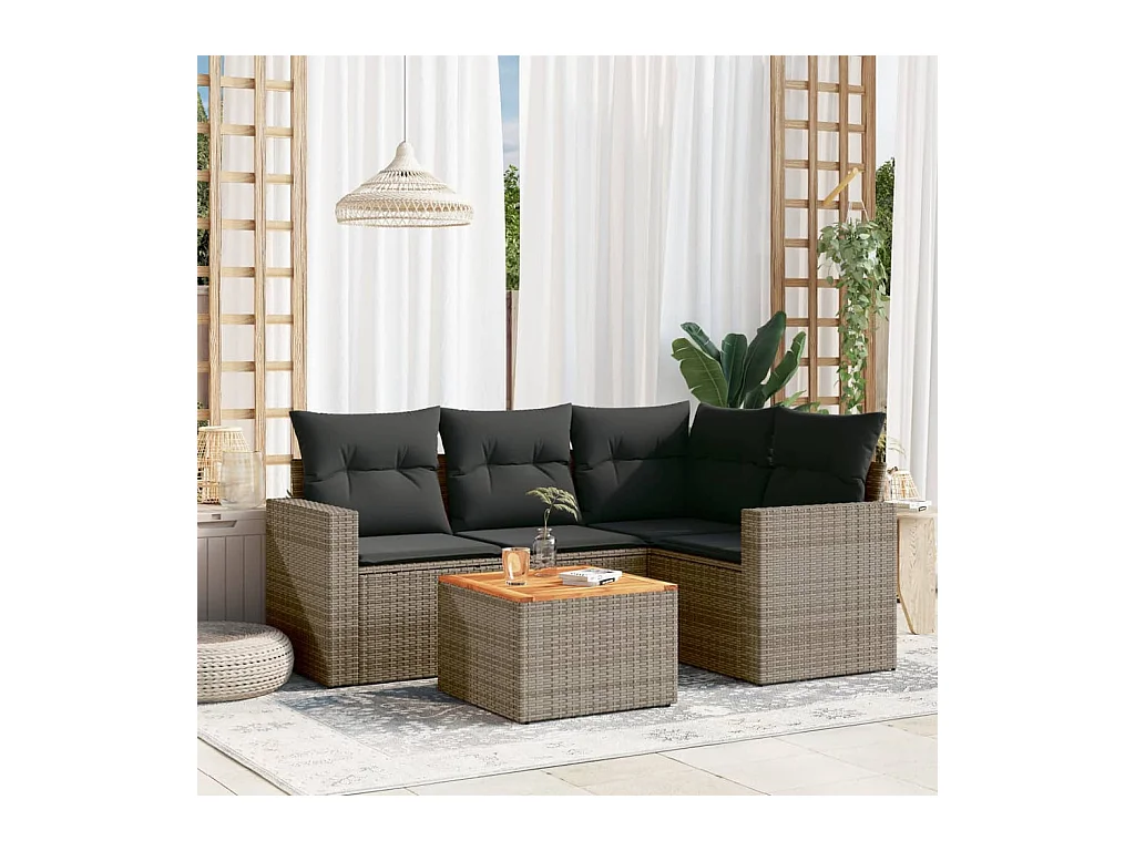 5 peças conjunto sofás de jardim c/ almofadões vime PE cinzento