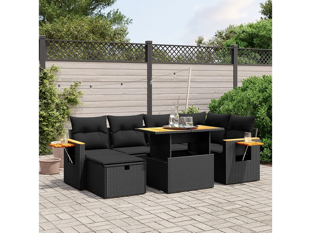 Salon de jardin 7 pièces avec coussins noir résine tressée