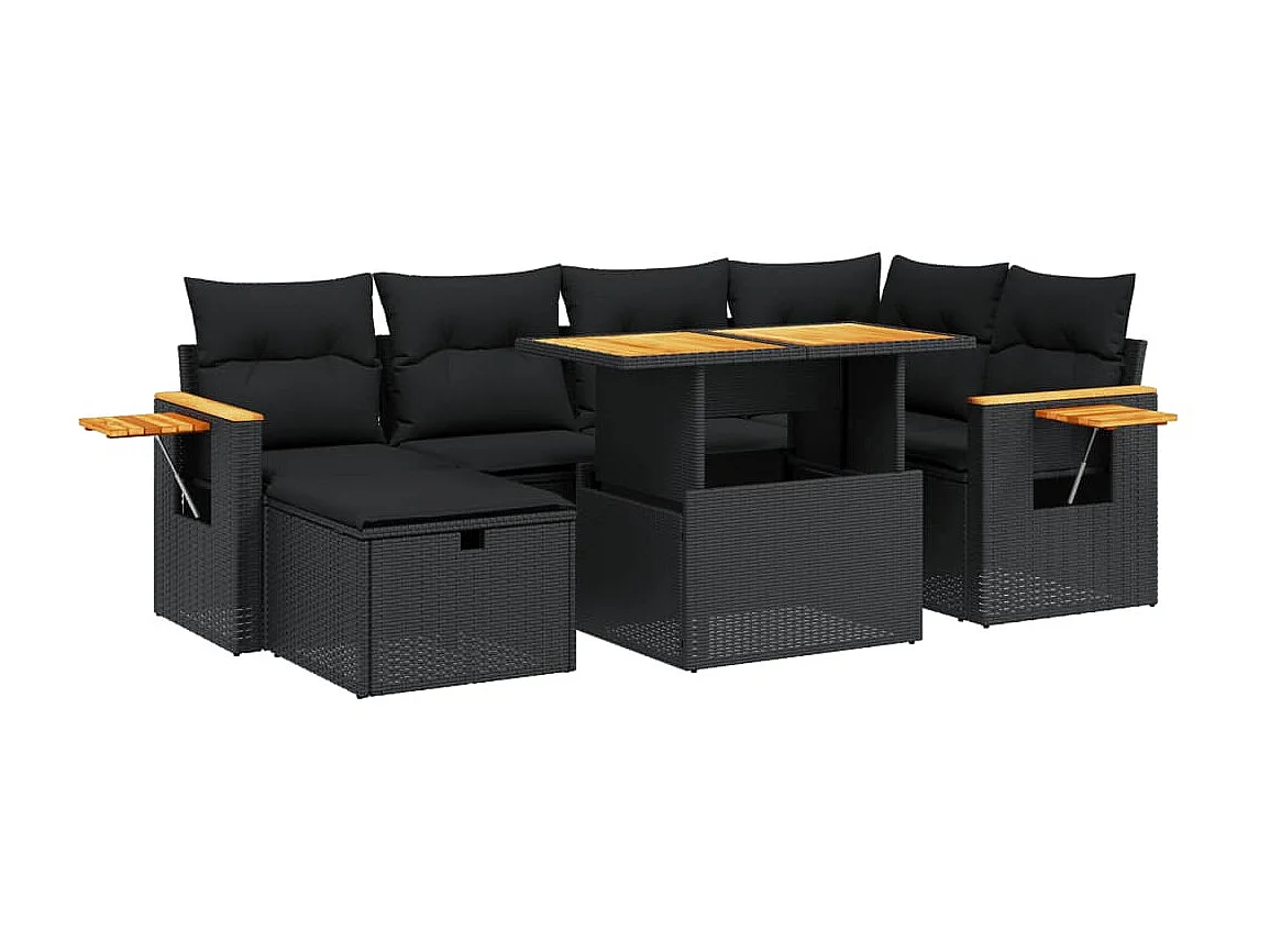 Salon de jardin 7 pièces avec coussins noir résine tressée